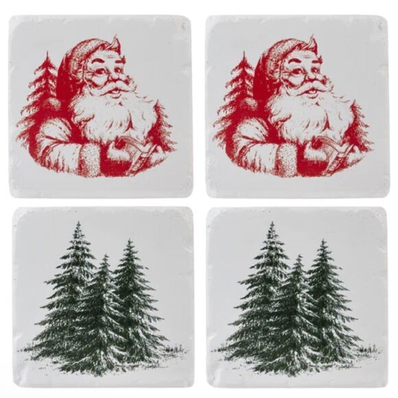 Set of four Red Santa and Ever green tree Stone coasters - Picture 1 of 8
